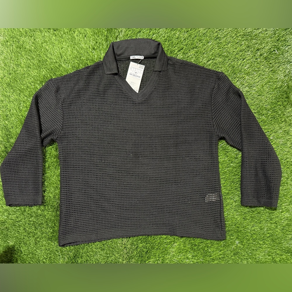 Zara Men's Net Black V-Neck Polo Sweater